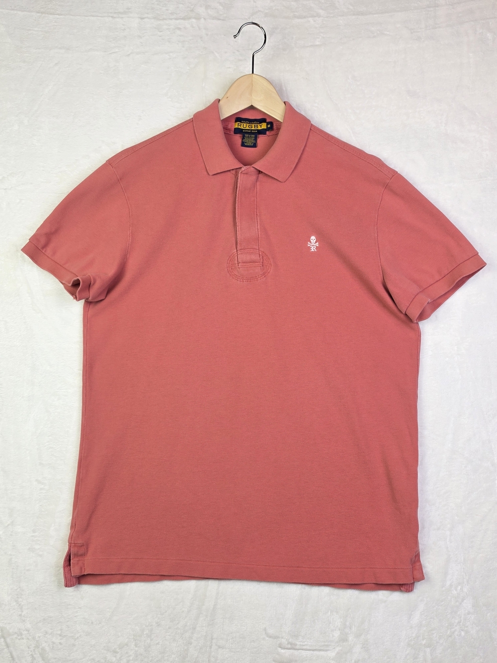 Ralph Lauren Rugby Polo Shirt Mens Medium Skull Crossbones Salmon Short Sleeve